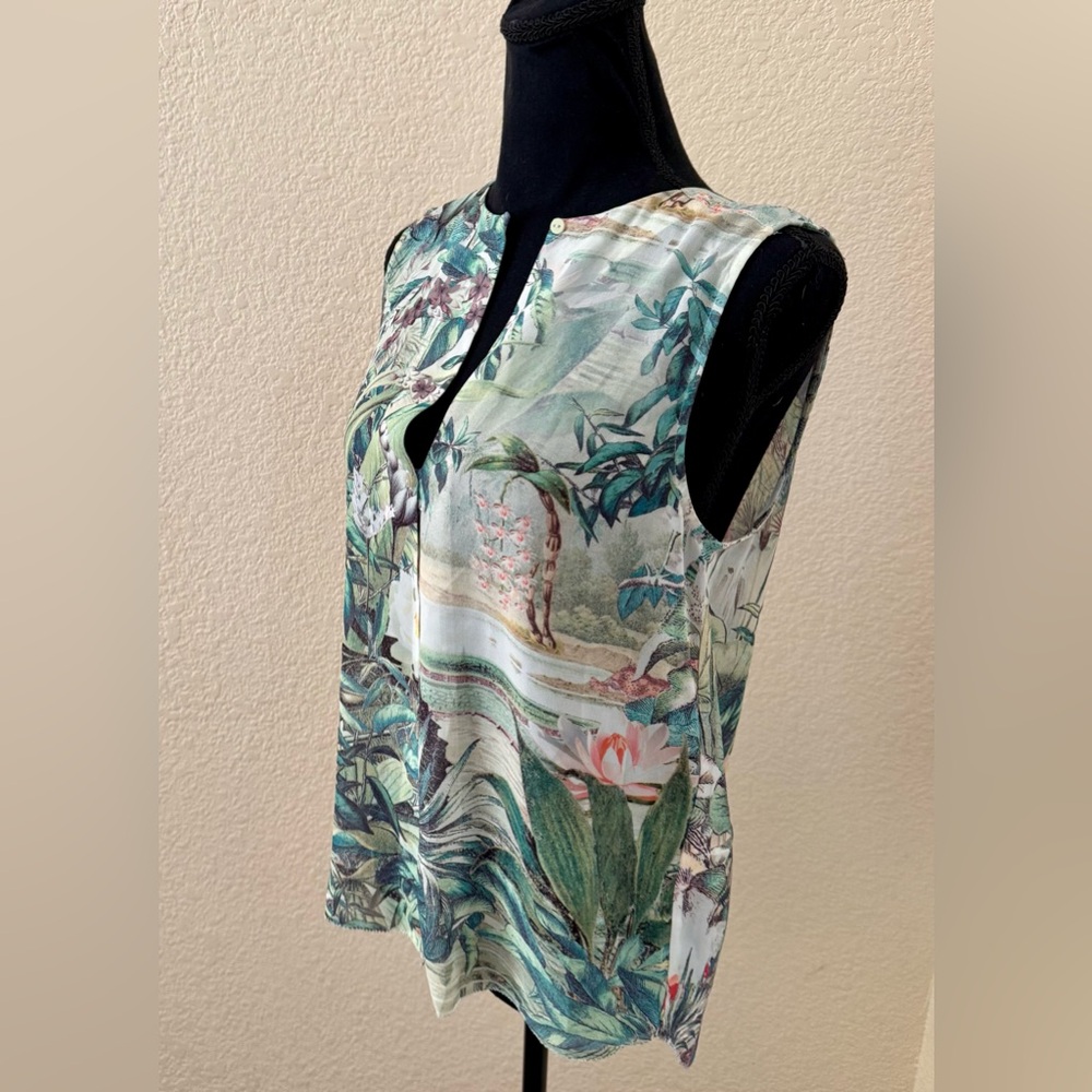 H & M Conscious Collection Tropical Button-Up Sleeveless Blouse Sz 6-8 High Low - Picture 9 of 12